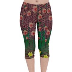 Floral Vines Over Lotus Pond In Meditative Tropical Style Velvet Capri Leggings 