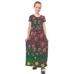 Floral Vines Over Lotus Pond In Meditative Tropical Style Kids  Short Sleeve Maxi Dress by pepitasart