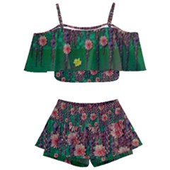 Floral Vines Over Lotus Pond In Meditative Tropical Style Kids  Off Shoulder Skirt Bikini by pepitasart