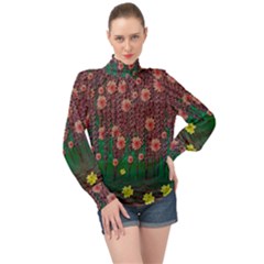 Floral Vines Over Lotus Pond In Meditative Tropical Style High Neck Long Sleeve Chiffon Top by pepitasart