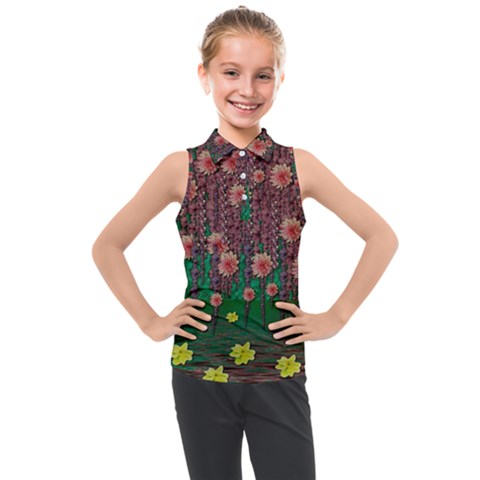 Floral Vines Over Lotus Pond In Meditative Tropical Style Kids  Sleeveless Polo Tee by pepitasart