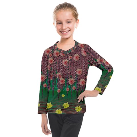 Floral Vines Over Lotus Pond In Meditative Tropical Style Kids  Long Mesh Tee by pepitasart