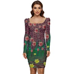 Floral Vines Over Lotus Pond In Meditative Tropical Style Women Long Sleeve Ruched Stretch Jersey Dress by pepitasart