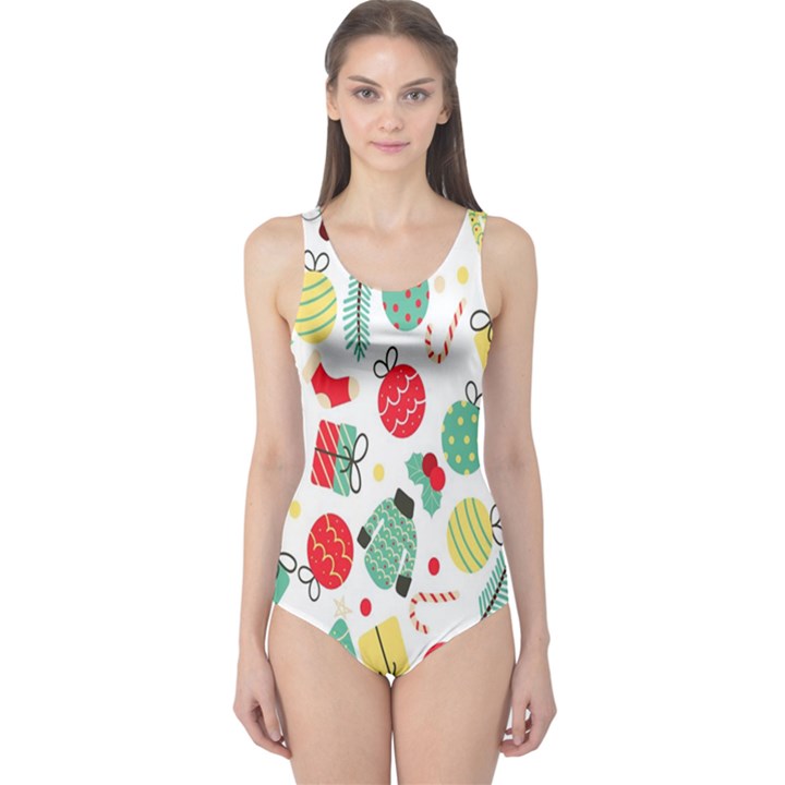 Vintage-handdrawn-seamless-pattern-with-christmas-elements One Piece Swimsuit