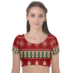 Knitted-christmas-pattern Velvet Short Sleeve Crop Top  by nate14shop