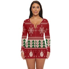 Knitted-christmas-pattern Long Sleeve Boyleg Swimsuit