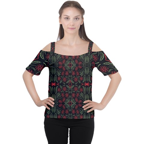 Folk Flowers Print Floral Pattern Ethnic Art Cutout Shoulder Tee by Eskimos