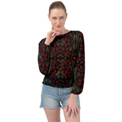 Folk Flowers Print Floral Pattern Ethnic Art Banded Bottom Chiffon Top by Eskimos