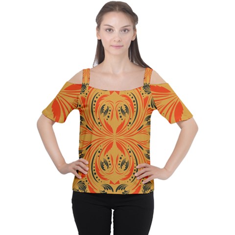 Folk Flowers Print Floral Pattern Ethnic Art Cutout Shoulder Tee by Eskimos