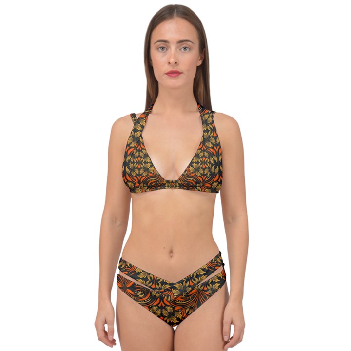 Folk flowers print Floral pattern Ethnic art Double Strap Halter Bikini Set