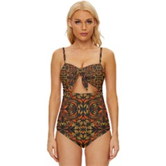 Folk Flowers Print Floral Pattern Ethnic Art Knot Front One-piece Swimsuit by Eskimos