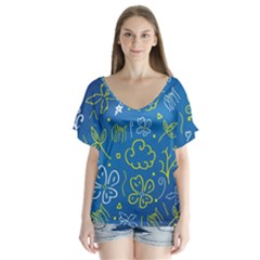 Abstract-background V-neck Flutter Sleeve Top by nate14shop