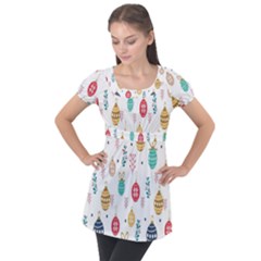 Seamless-pattern-cute-christmas-balls-shariki-igrushki-rozhd Puff Sleeve Tunic Top