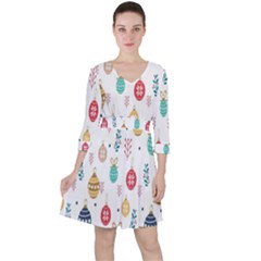 Seamless-pattern-cute-christmas-balls-shariki-igrushki-rozhd Quarter Sleeve Ruffle Waist Dress