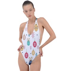 Seamless-pattern-cute-christmas-balls-shariki-igrushki-rozhd Backless Halter One Piece Swimsuit