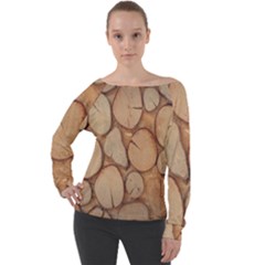 Wood-logs Off Shoulder Long Sleeve Velour Top