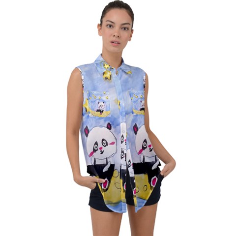 Panda Sleeveless Chiffon Button Shirt by nate14shop