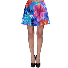  Vibrant Colorful Flowers On Sky Blue Skater Skirt by HWDesign