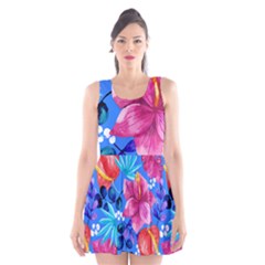  Vibrant Colorful Flowers On Sky Blue Scoop Neck Skater Dress by HWDesign