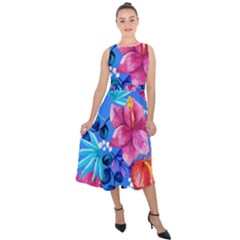  Vibrant Colorful Flowers On Sky Blue Midi Tie-back Chiffon Dress by HWDesign