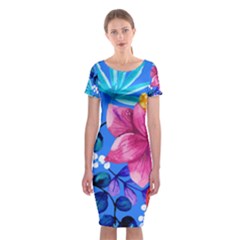  Vibrant Colorful Flowers On Sky Blue Classic Short Sleeve Midi Dress by HWDesign