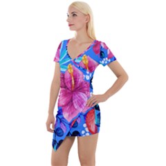  Vibrant Colorful Flowers On Sky Blue Short Sleeve Asymmetric Mini Dress by HWDesign