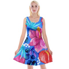  Vibrant Colorful Flowers On Sky Blue Reversible Velvet Sleeveless Dress by HWDesign