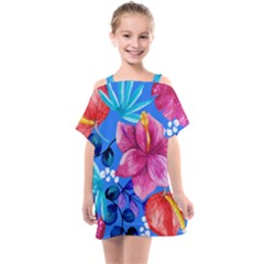  Vibrant Colorful Flowers On Sky Blue Kids  One Piece Chiffon Dress by HWDesign