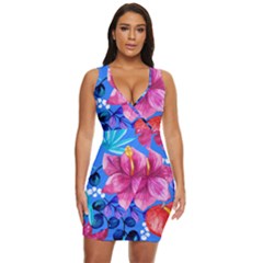  Vibrant Colorful Flowers On Sky Blue Draped Bodycon Dress by HWDesign