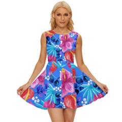  Vibrant Colorful Flowers On Sky Blue Sleeveless Button Up Dress by HWDesign