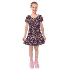 Golden Purple Flower Ornament Kids  Short Sleeve Velvet Dress by HWDesign