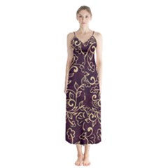 Golden Purple Flower Ornament Button Up Chiffon Maxi Dress by HWDesign