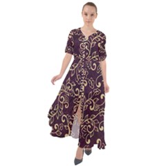 Golden Purple Flower Ornament Waist Tie Boho Maxi Dress by HWDesign