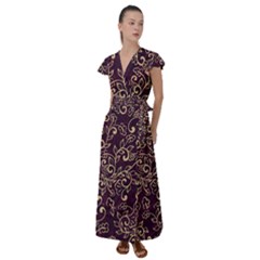 Golden Purple Flower Ornament Flutter Sleeve Maxi Dress