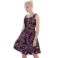 Golden Purple Flower Ornament Knee Length Skater Dress by HWDesign