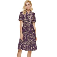 Golden Purple Flower Ornament Button Top Knee Length Dress by HWDesign