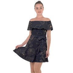 Elegant And Simple Monoline Floral Off Shoulder Velour Dress by HWDesign