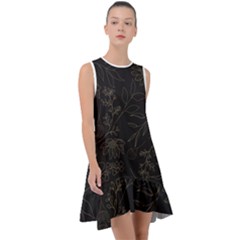 Elegant And Simple Monoline Floral Frill Swing Dress by HWDesign