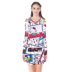 Hello-kitty-002 Long Sleeve V-neck Flare Dress by nate14shop