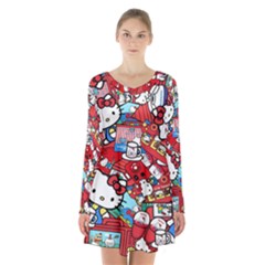 Hello-kitty-003 Long Sleeve Velvet V-neck Dress