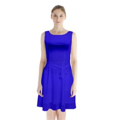 Background-blue Sleeveless Waist Tie Chiffon Dress by nate14shop