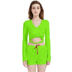 Grass-green-color-solid-background Velvet Wrap Crop Top and Shorts Set