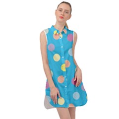 Blue Polkadot Sleeveless Shirt Dress