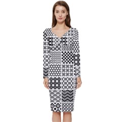 Ilustrasi Pattern Long Sleeve V-neck Bodycon Dress  by nate14shop