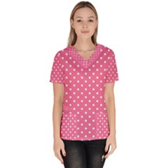 Polkadots-pink-white Women s V-neck Scrub Top by nate14shop