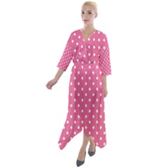 Polkadots-pink-white Quarter Sleeve Wrap Front Maxi Dress