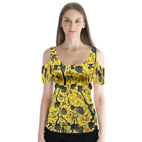 Yellow-abstrac Butterfly Sleeve Cutout Tee  by nate14shop