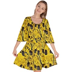 Yellow-abstrac Velour Kimono Dress