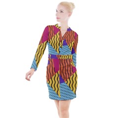 Background-lines-callor Button Long Sleeve Dress