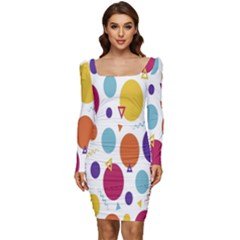 Background-polkadot 01 Women Long Sleeve Ruched Stretch Jersey Dress